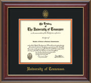 Image of University of Tennessee Diploma Frame - Cherry Lacquer - w/Embossed UTK Seal & Name - Black on Orange Mat