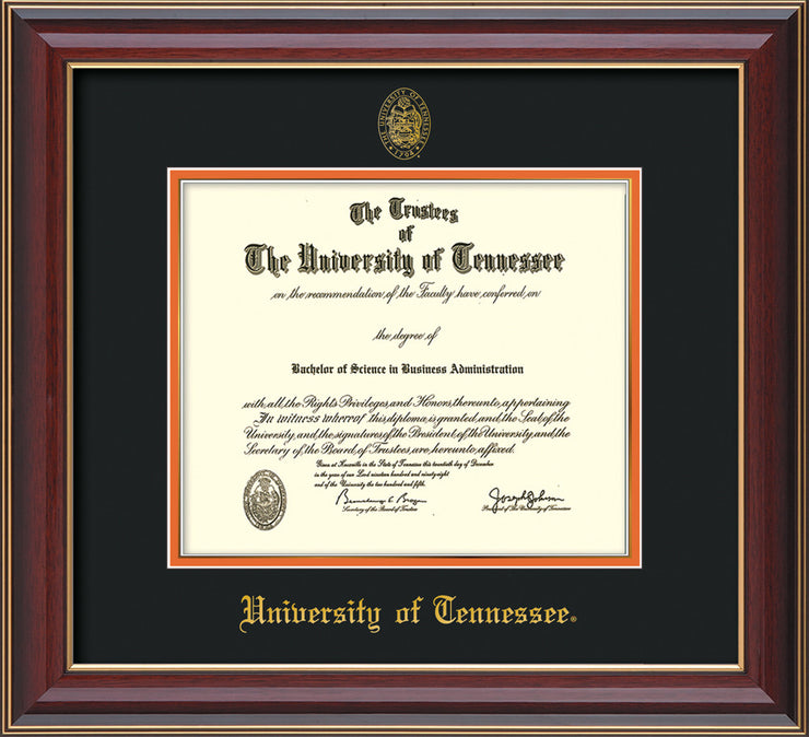 Image of University of Tennessee Diploma Frame - Cherry Lacquer - w/Embossed UTK Seal & Name - Black on Orange Mat