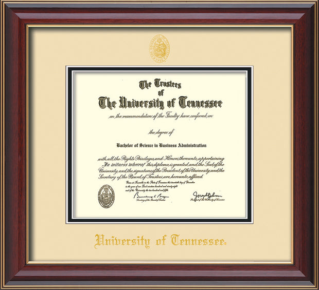 Image of University of Tennessee Diploma Frame - Cherry Lacquer - w/Embossed UTK Seal & Name - Cream on Black Mat