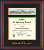 Image of University of Tennessee Diploma Frame - Cherry Reverse - w/Embossed UTK School Name Only - Campus Collage - Black on Orange mat