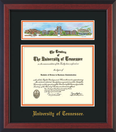 Image of University of Tennessee Diploma Frame - Cherry Reverse - w/Embossed UTK School Name Only - Campus Collage - Black on Orange mat