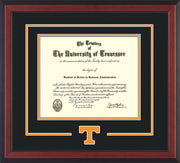 Image of University of Tennessee Diploma Frame - Cherry Reverse - w/Laser Power T Logo Cutout - Black on Orange mat