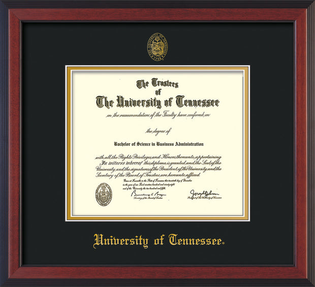 Image of University of Tennessee Diploma Frame - Cherry Reverse - w/Embossed UTK Seal & Name - Black on Gold Mat