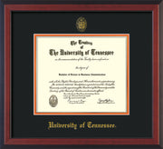 Image of University of Tennessee Diploma Frame - Cherry Reverse - w/Embossed UTK Seal & Name - Black on Orange Mat