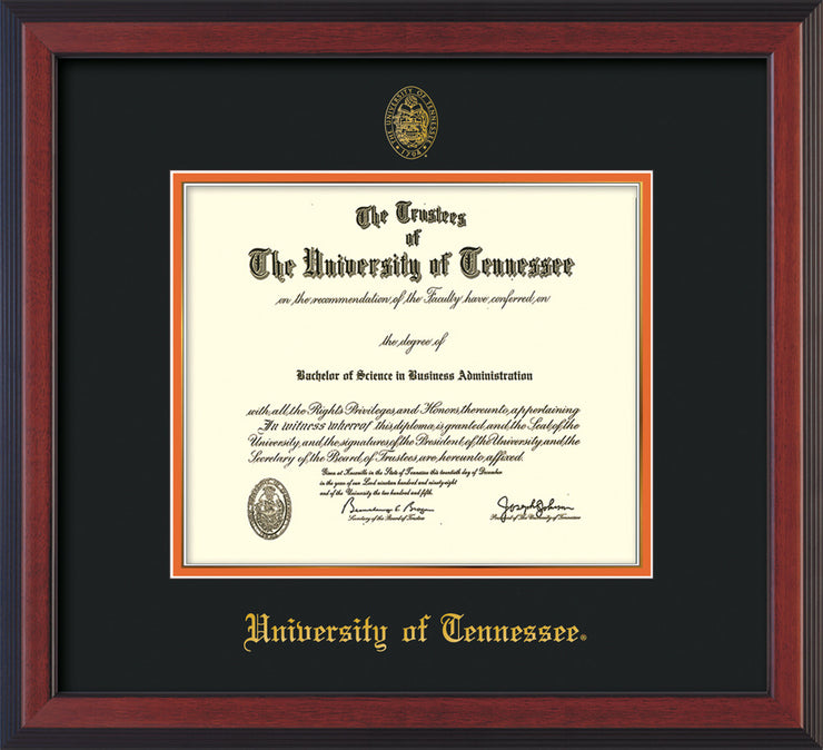 Image of University of Tennessee Diploma Frame - Cherry Reverse - w/Embossed UTK Seal & Name - Black on Orange Mat