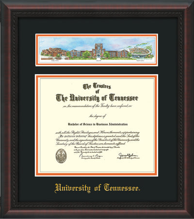 Image of University of Tennessee Diploma Frame - Mahogany Braid - w/Embossed UTK School Name Only - Campus Collage - Black on Orange mat