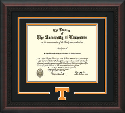 Image of University of Tennessee Diploma Frame - Mahogany Braid - w/Laser Power T Logo Cutout - Black on Orange mat