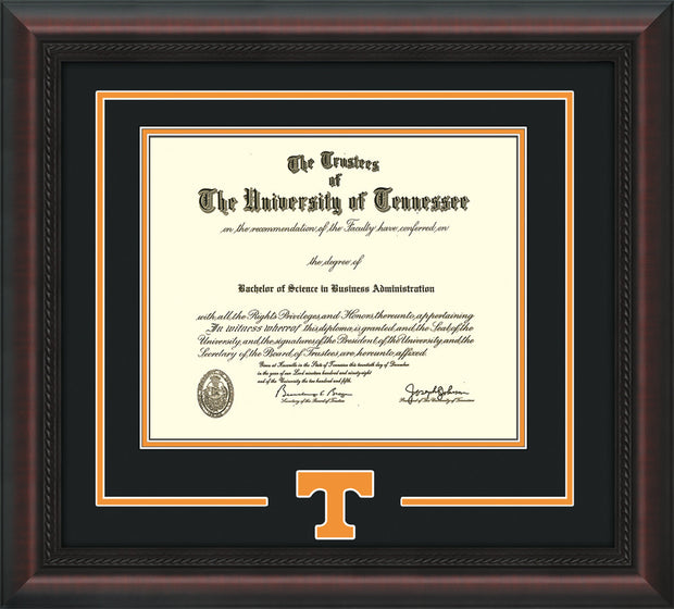 Image of University of Tennessee Diploma Frame - Mahogany Braid - w/Laser Power T Logo Cutout - Black on Orange mat