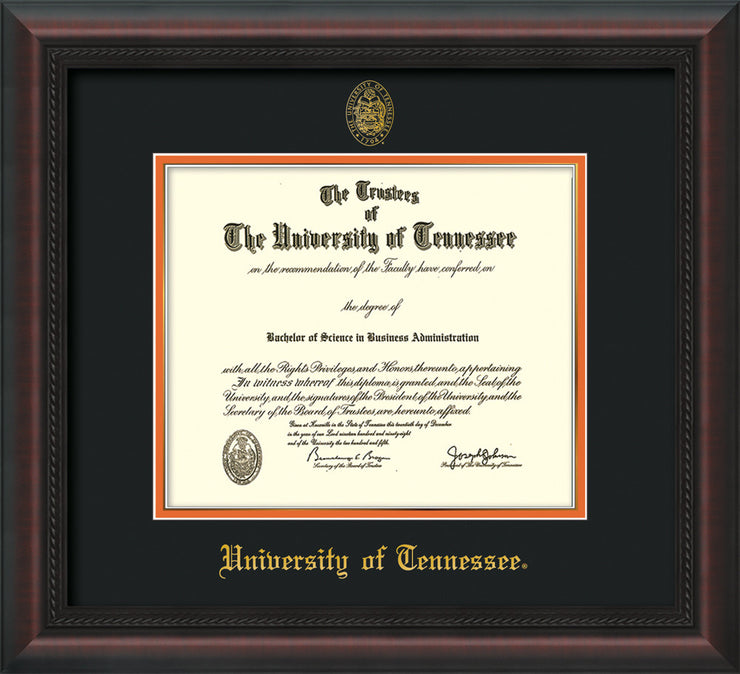 Image of University of Tennessee Diploma Frame - Mahogany Braid - w/Embossed UTK Seal & Name - Black on Orange Mat
