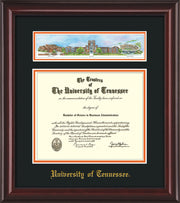 Image of University of Tennessee Diploma Frame - Mahogany Lacquer - w/Embossed UTK School Name Only - Campus Collage - Black on Orange mat