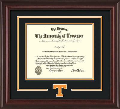 Image of University of Tennessee Diploma Frame - Mahogany Lacquer - w/Laser Power T Logo Cutout - Black on Orange mat