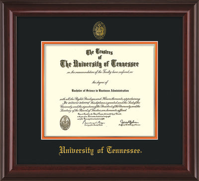 Image of University of Tennessee Diploma Frame - Mahogany Lacquer - w/Embossed UTK Seal & Name - Black on Orange Mat