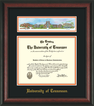 Image of University of Tennessee Diploma Frame - Rosewood - w/Embossed UTK School Name Only - Campus Collage - Black on Orange mat