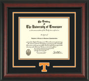 Image of University of Tennessee Diploma Frame - Rosewood - w/Laser Power T Logo Cutout - Black on Orange mat