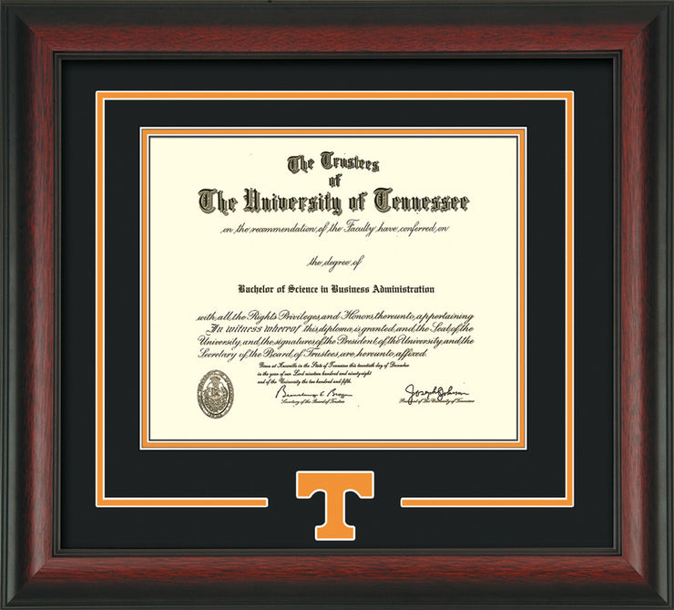 Image of University of Tennessee Diploma Frame - Rosewood - w/Laser Power T Logo Cutout - Black on Orange mat