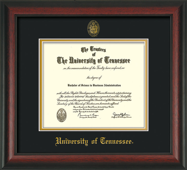 Image of University of Tennessee Diploma Frame - Rosewood - w/Embossed UTK Seal & Name - Black on Gold Mat