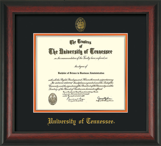 Image of University of Tennessee Diploma Frame - Rosewood - w/Embossed UTK Seal & Name - Black on Orange Mat