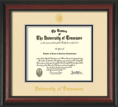 Image of University of Tennessee Diploma Frame - Rosewood - w/Embossed UTK Seal & Name - Cream on Black Mat