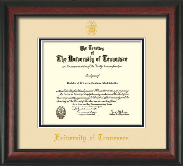 Image of University of Tennessee Diploma Frame - Rosewood - w/Embossed UTK Seal & Name - Cream on Black Mat