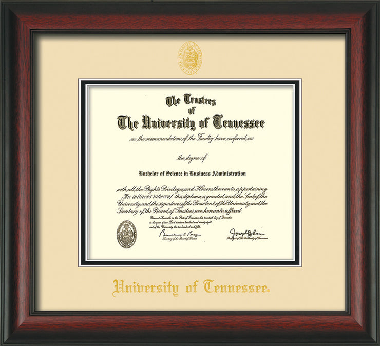 Image of University of Tennessee Diploma Frame - Rosewood - w/Embossed UTK Seal & Name - Cream on Black Mat