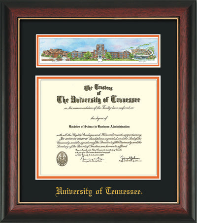Image of University of Tennessee Diploma Frame - Rosewood w/Gold Lip - w/Embossed UTK School Name Only - Campus Collage - Black on Orange mat