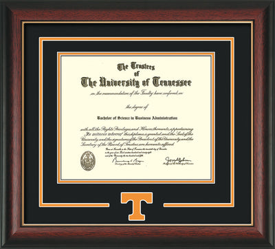 Image of University of Tennessee Diploma Frame - Rosewood w/Gold Lip - w/Laser Power T Logo Cutout - Black on Orange mat