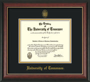 Image of University of Tennessee Diploma Frame - Rosewood w/Gold Lip - w/Embossed UTK Seal & Name - Black on Gold Mat