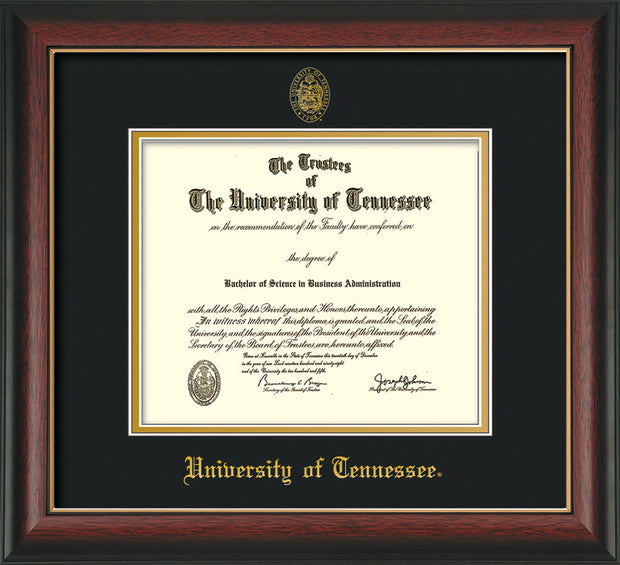 Image of University of Tennessee Diploma Frame - Rosewood w/Gold Lip - w/Embossed UTK Seal & Name - Black on Gold Mat