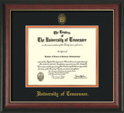 Image of University of Tennessee Diploma Frame - Rosewood w/Gold Lip - w/Embossed UTK Seal & Name - Black on Orange Mat
