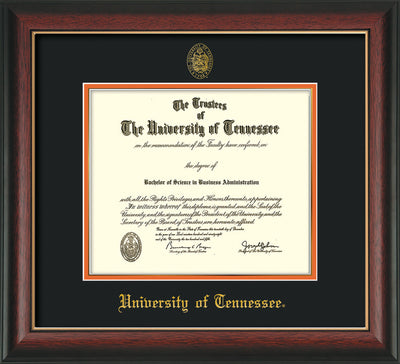 Image of University of Tennessee Diploma Frame - Rosewood w/Gold Lip - w/Embossed UTK Seal & Name - Black on Orange Mat