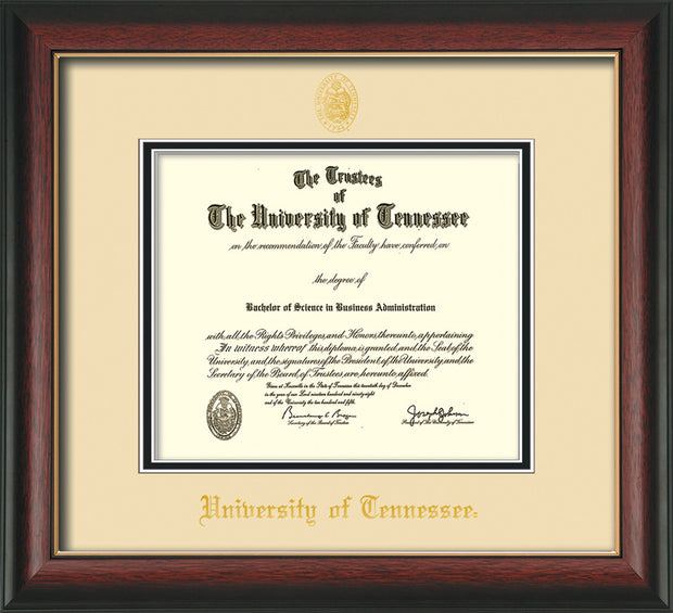 Image of University of Tennessee Diploma Frame - Rosewood w/Gold Lip - w/Embossed UTK Seal & Name - Cream on Black Mat