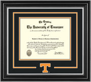 Image of University of Tennessee Diploma Frame - Satin Silver - w/Laser Power T Logo Cutout - Black on Orange mat
