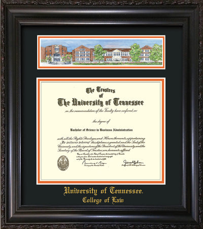 Image of University of Tennessee Diploma Frame - Vintage Black Scoop - w/Embossed College of Law Name Only - Campus Collage - Black on Orange mat