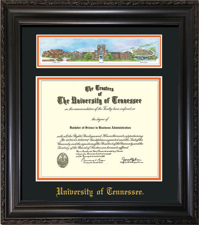 Image of University of Tennessee Diploma Frame - Vintage Black Scoop - w/Embossed UTK School Name Only - Campus Collage - Black on Orange mat