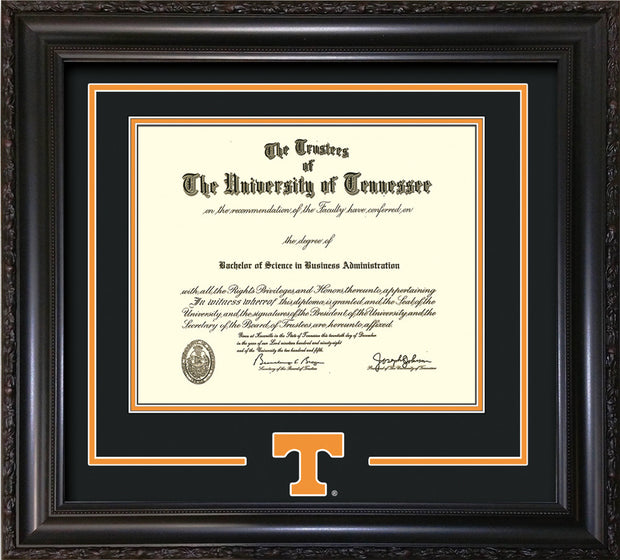 Image of University of Tennessee Diploma Frame - Vintage Black Scoop - w/Laser Power T Logo Cutout - Black on Orange mat