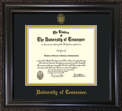 Image of University of Tennessee Diploma Frame - Vintage Black Scoop - w/Embossed UTK Seal & Name - Black on Gold Mat