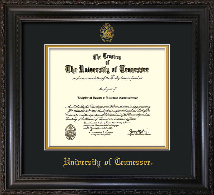 Image of University of Tennessee Diploma Frame - Vintage Black Scoop - w/Embossed UTK Seal & Name - Black on Gold Mat