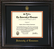 Image of University of Tennessee Diploma Frame - Vintage Black Scoop - w/Embossed UTK Seal & Name - Black on Orange Mat