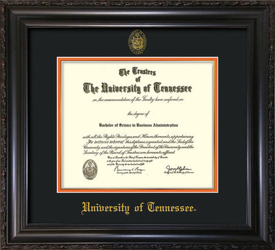 Image of University of Tennessee Diploma Frame - Vintage Black Scoop - w/Embossed UTK Seal & Name - Black on Orange Mat