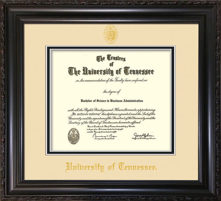 Image of University of Tennessee Diploma Frame - Vintage Black Scoop - w/Embossed UTK Seal & Name - Cream on Black Mat