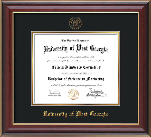Image of University of West Georgia Diploma Frame - Cherry Lacquer - w/UWG Embossed Seal & Name - Black on Gold mat