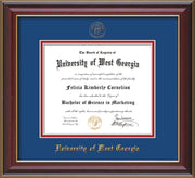 Image of University of West Georgia Diploma Frame - Cherry Lacquer - w/UWG Embossed Seal & Name - Royal Blue on Crimson mat