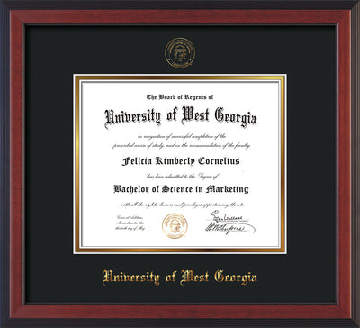 Image of University of West Georgia Diploma Frame - Cherry Reverse - w/UWG Embossed Seal & Name - Black on Gold mat