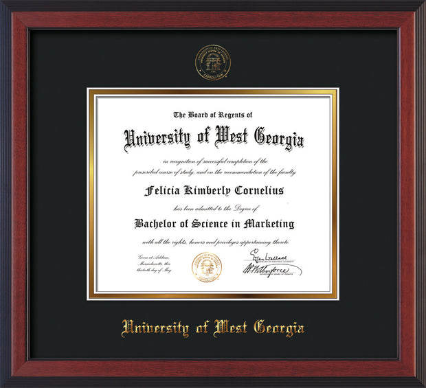 Image of University of West Georgia Diploma Frame - Cherry Reverse - w/UWG Embossed Seal & Name - Black on Gold mat