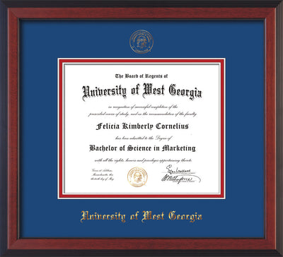 Image of University of West Georgia Diploma Frame - Cherry Reverse - w/UWG Embossed Seal & Name - Royal Blue on Crimson mat