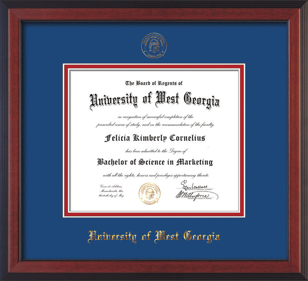 Image of University of West Georgia Diploma Frame - Cherry Reverse - w/UWG Embossed Seal & Name - Royal Blue on Crimson mat
