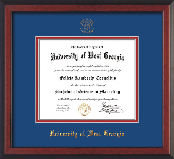 Image of University of West Georgia Diploma Frame - Cherry Reverse - w/UWG Embossed Seal & Name - Royal Blue on Crimson mat