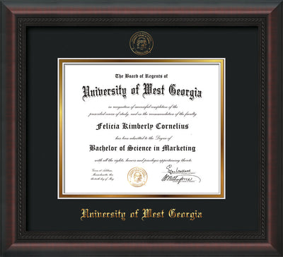 Image of University of West Georgia Diploma Frame - Mahogany Braid - w/UWG Embossed Seal & Name - Black on Gold mat