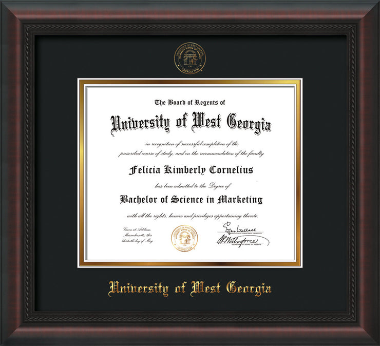 Image of University of West Georgia Diploma Frame - Mahogany Braid - w/UWG Embossed Seal & Name - Black on Gold mat