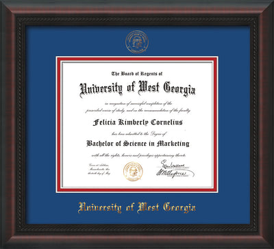 Image of University of West Georgia Diploma Frame - Mahogany Braid - w/UWG Embossed Seal & Name - Royal Blue on Crimson mat